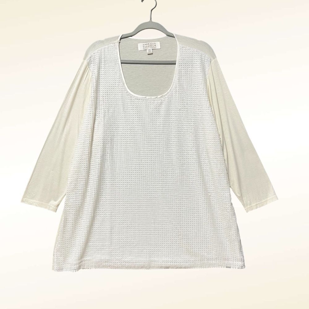 Badgley Mischka White Sequined Tunic Size 2X 3/4 Sleeve Dressy Evening Wear